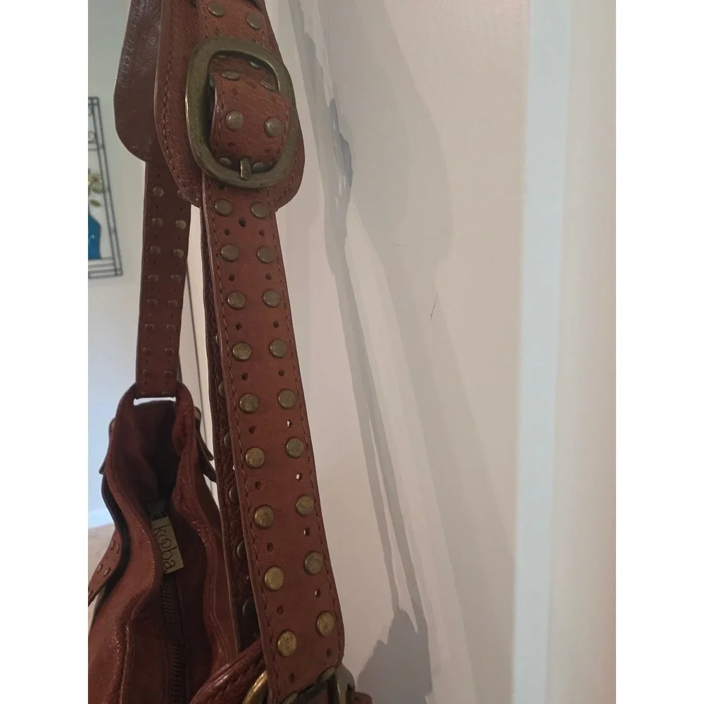 Koba Cognac Brown Leather Studded Hobo Shoulder Bag Brass Hardware Boho